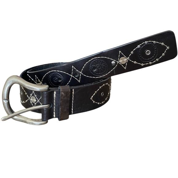 Fossil Black Leather Silver Buckle Embellished Boho Belt size large - Picture 1 of 7